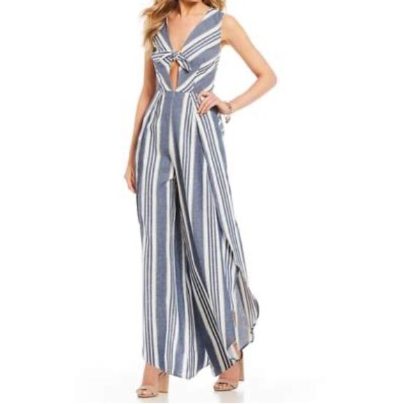 Coco + Jaimeson Linen Blend Tie Striped Blue Open Leg Jumpsuit Size Medium - Picture 1 of 13